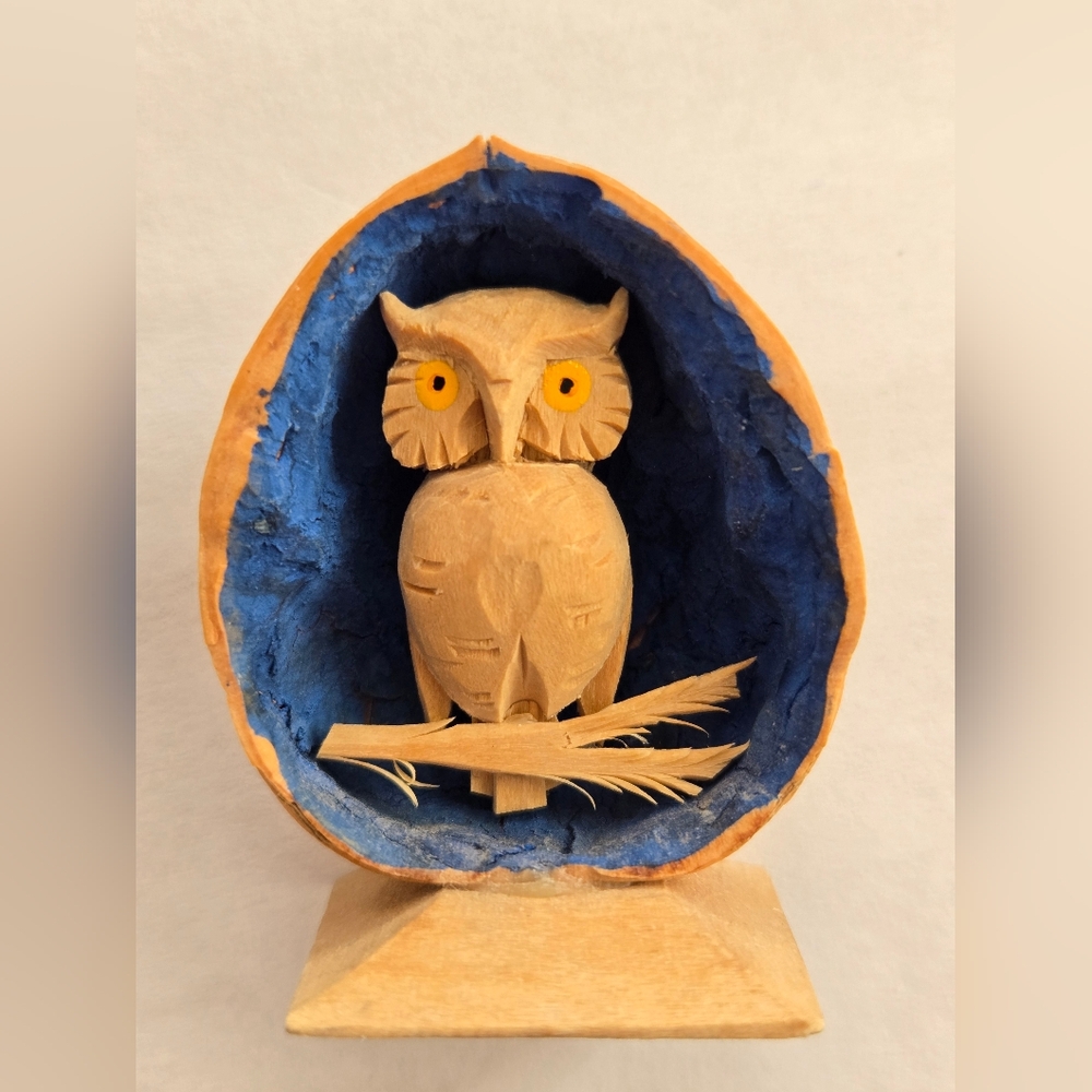 Vintage Mini Handcarved Wooden Owl in Walnut Figurine